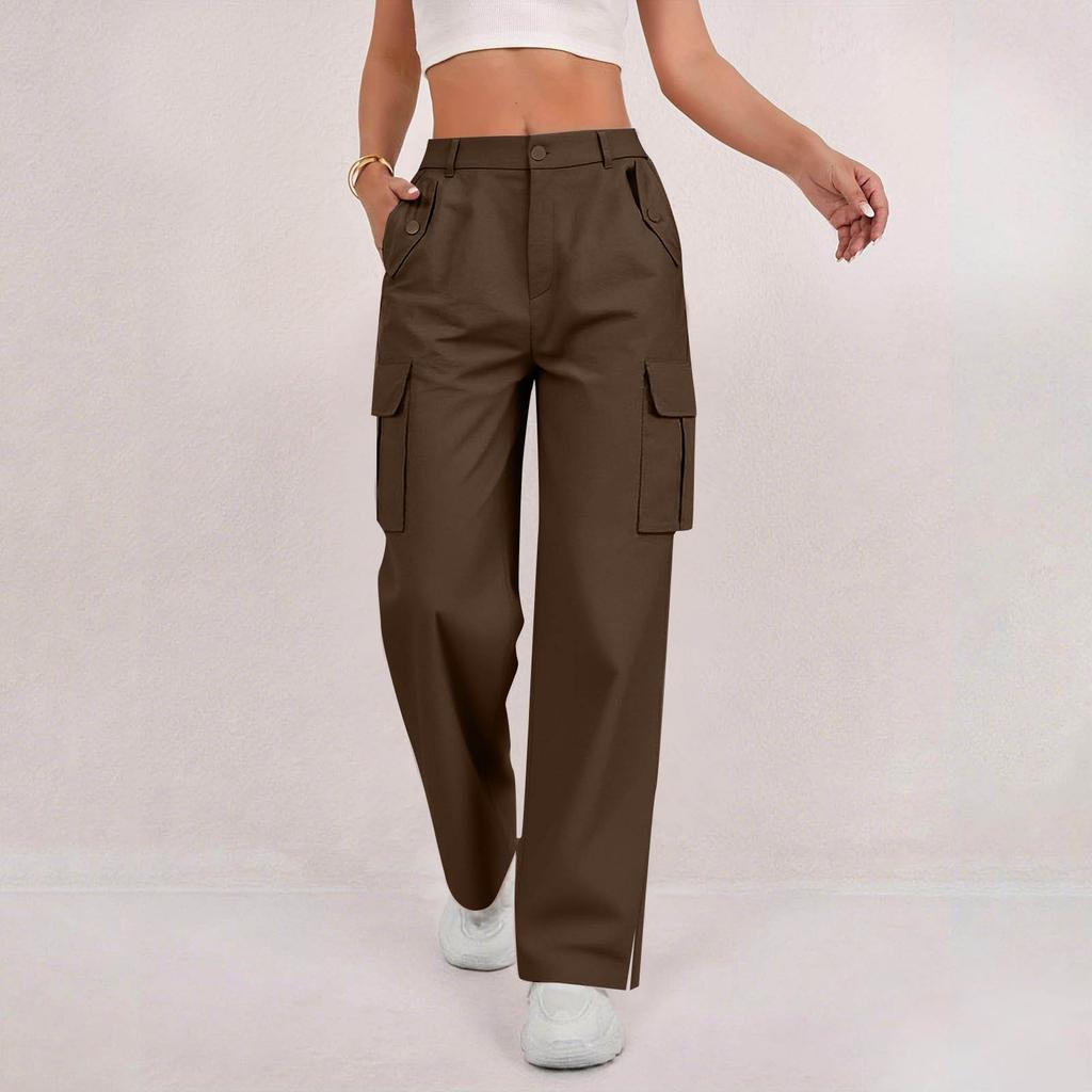 Women's Fashion Relaxed-Fit Pocket Straight-Leg Pants Sporty Wide-Leg Pants High-Waisted Casual Cropped Pants