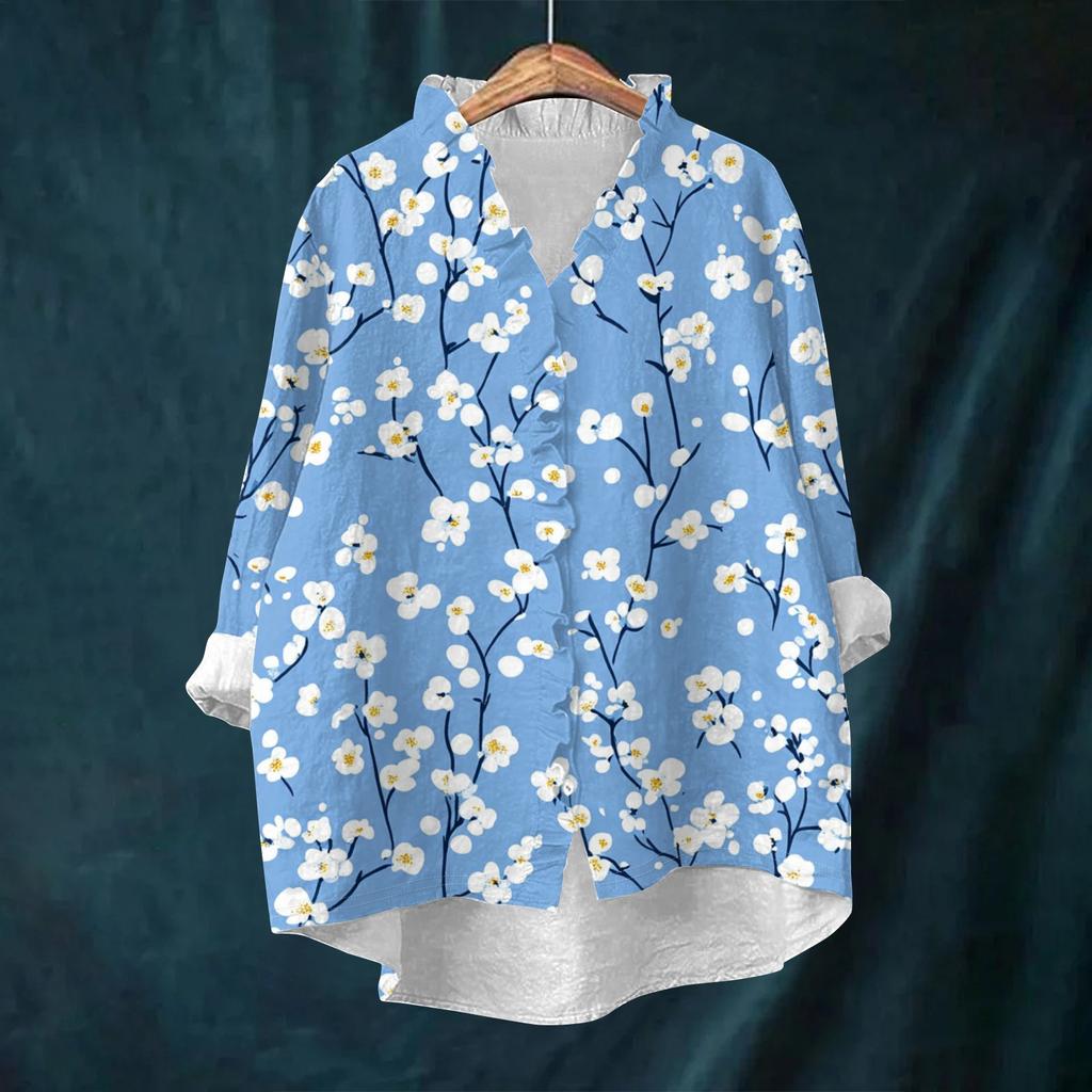 Women's Loose Ruffled Retro Floral Print Stand Collar Long Sleeve Cotton And Linen Top