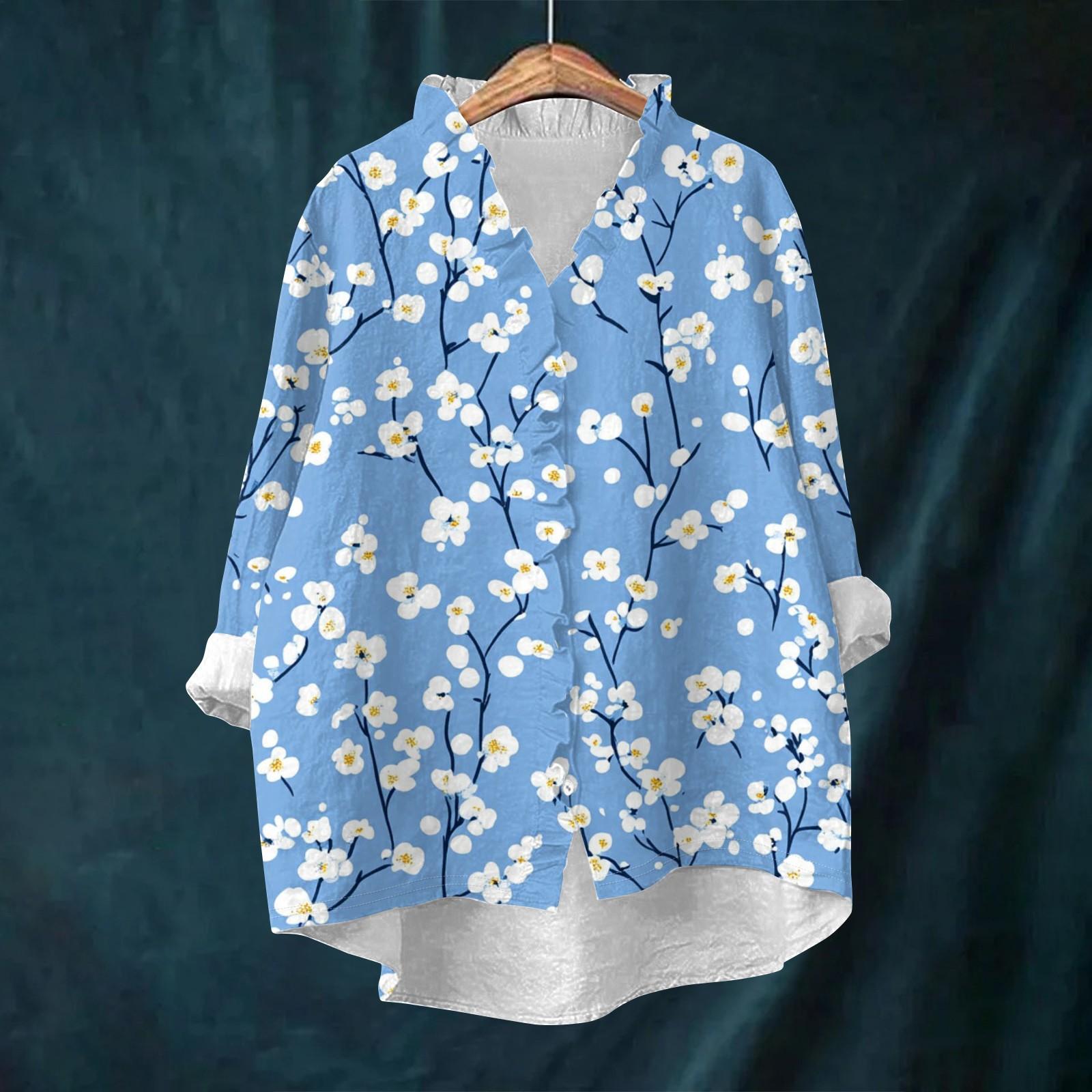 

Women s Loose Ruffled Retro Floral Print Stand Collar Long Sleeve Cotton And Linen Top XL небо синє кольору