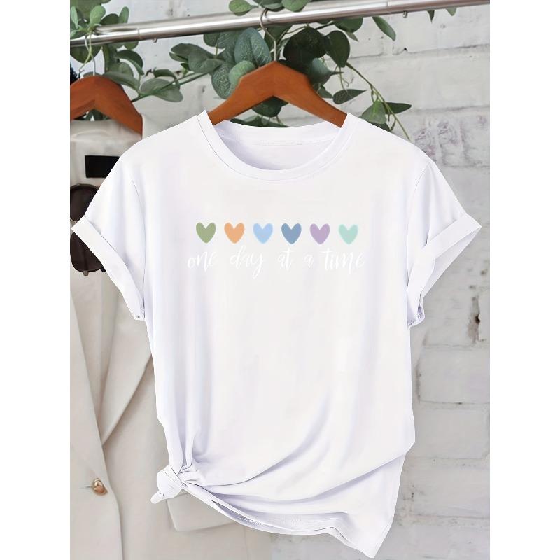 

European size Ladies Short-Sleeve Series with Colorful Heart Design Featuring One Day at a Time in a Style, Printed Round S белый