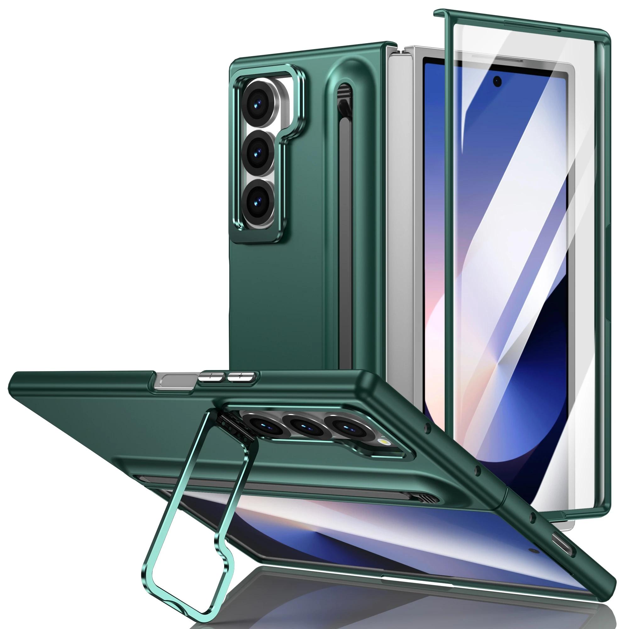 

Кожаный чехол-держатель на запястье для Samsung Galaxy Z Fold 7 6 5 4 3, металлический стенд для объектива, чехол для телефона, защитная пленка для экрана, чехол с отделением для S Pen Galaxy Z Fold3 зелёный