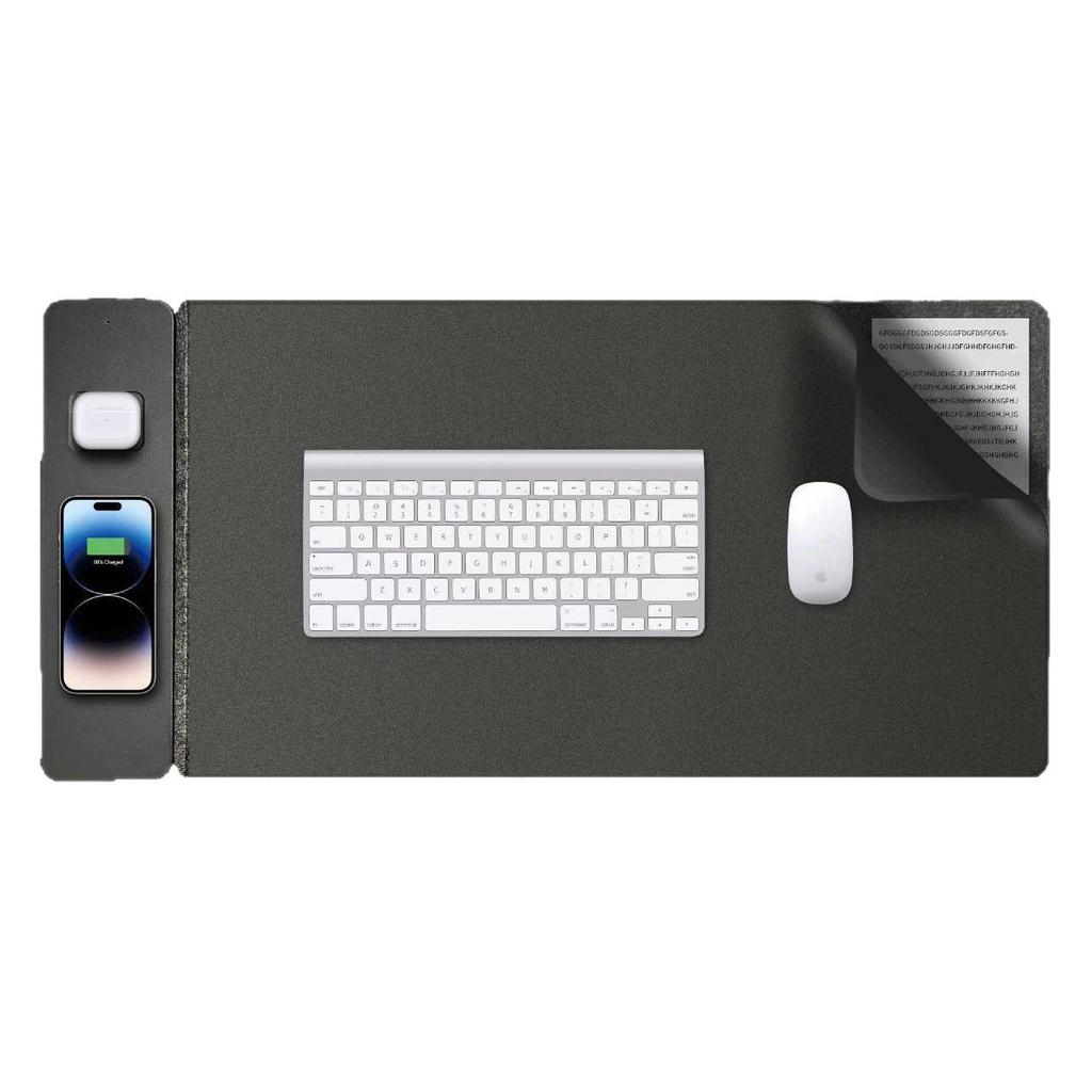 Felt Leather Dual-Sided Anti-Slip Waterproof Desk Mat with Wireless Charging for Phone & Earphones