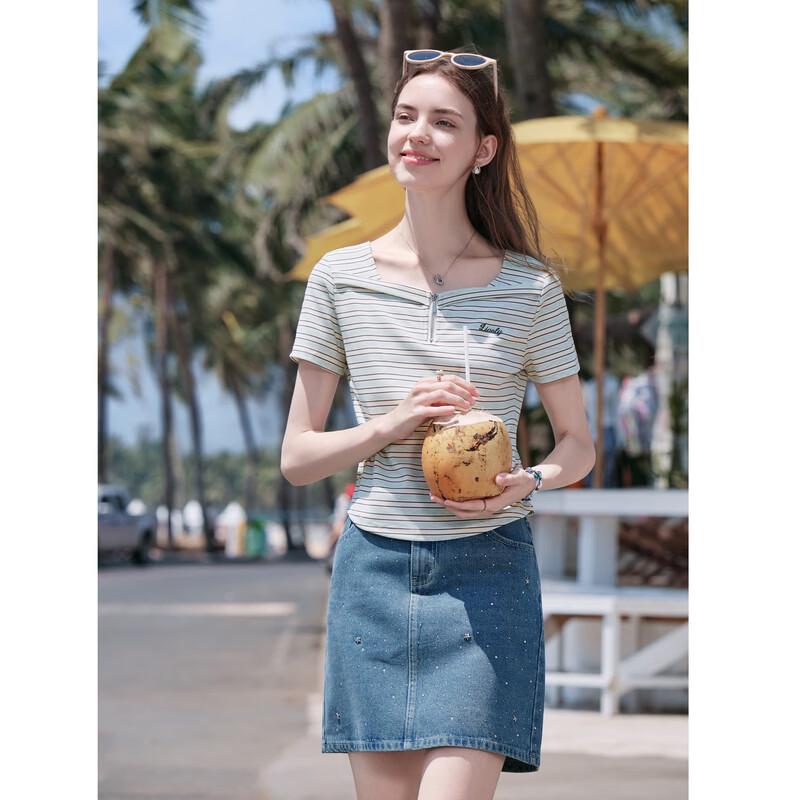 BETU Women's Square Neck Striped Slim-Fit Short Sleeve T-Shirt