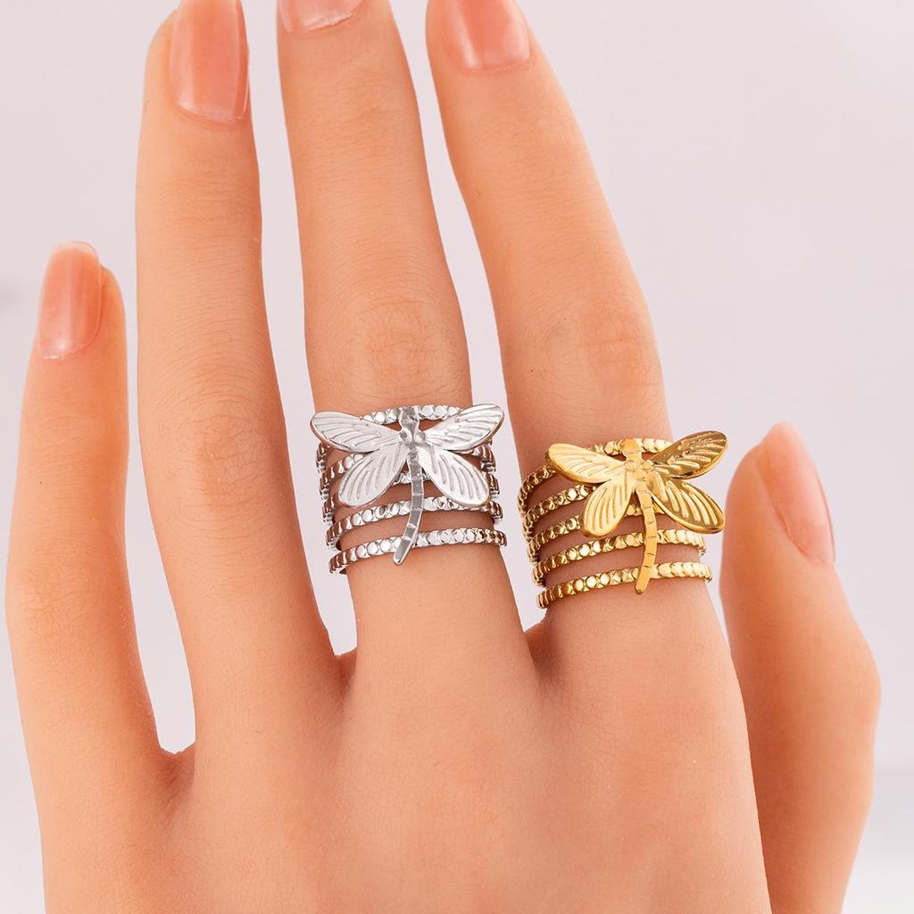 Dragonfly Stainless Steel Colorfast Open Ring for Women, Titanium Steel Vacuum Electroplated Index Finger Ring
