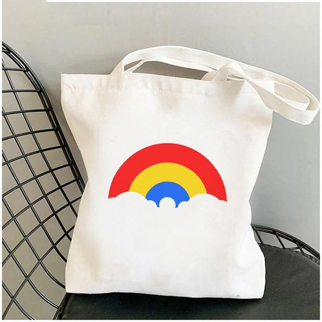 Cute Rainbow Shopping Bags Eco Shopper Canvas Jute Bag Reusable Woven Bag Funny Women'S Shoulder Bags Kawaii Girls
