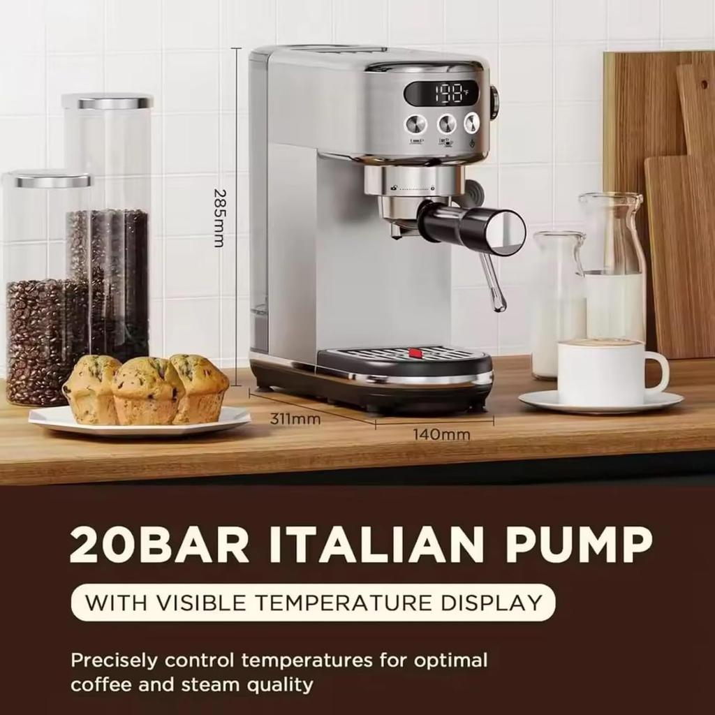 20 Bar Semi-Automatische Espressomachine Roestvrij Staal Koffiezetapparaat met Stoompijpje Pre-infusie LED Display
