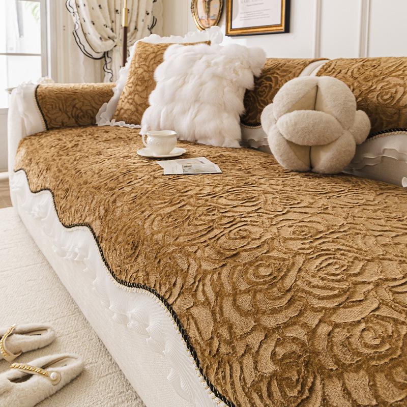 New Rose Velvet Jacquard Sofa Cover Retro Irregular Sofa Cushion For Autumn Winter Non-Slip Full Cover Furniture Protector