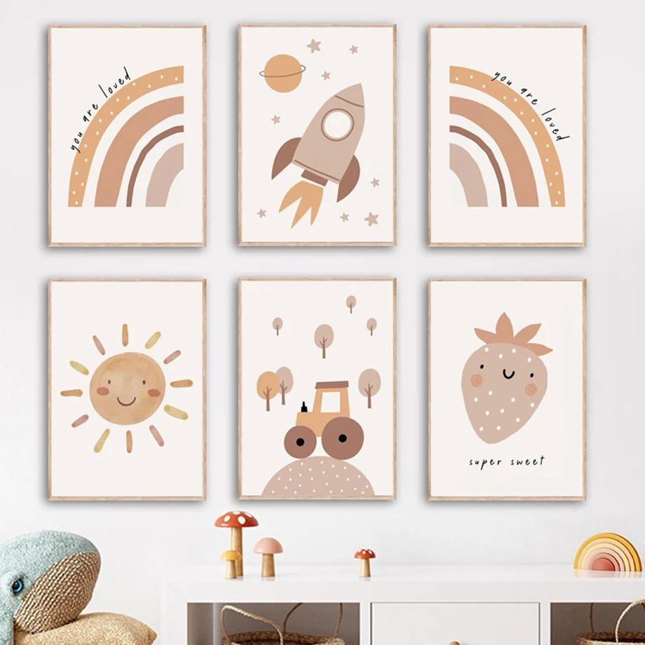 Space Rocket Rainbow Sun Car Strawberry Boho Posters Prints Canvas Painting Nordic Baby Wall Art Pictures Kids Room Decor