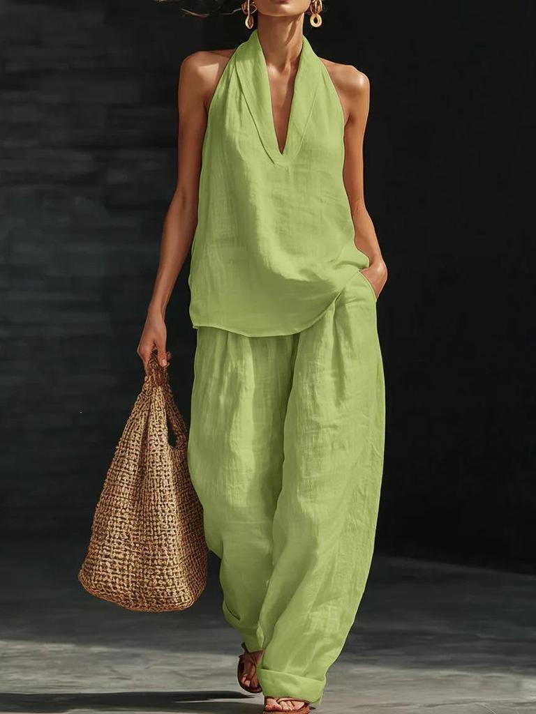 In Stock Women's Halter V-Neck Sleeveless Casual Fashion Set