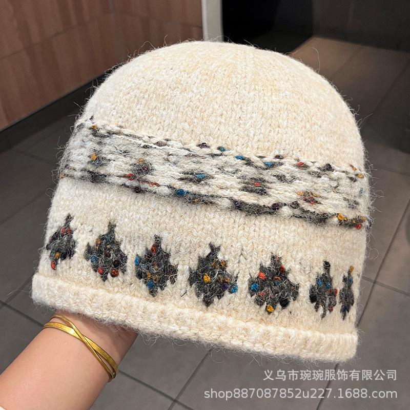 Retro Jacquard Fair Island Knitted Wool Hat Women's Autumn and Winter Warm Face Small Baotou Hat Curled Edge Big Head Circle Cold Hat