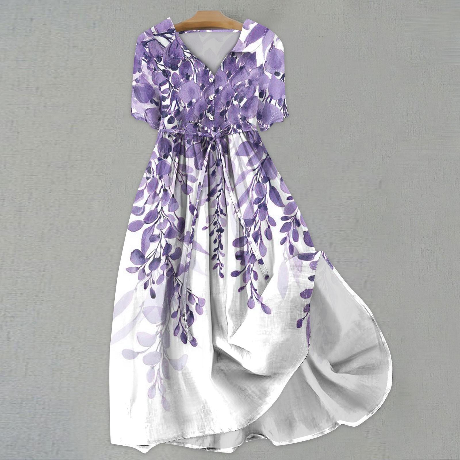 

Женская мода повседневное платье с воротником с лацканами и короткими рукавами с принтом и ремнями XL фиолетовый