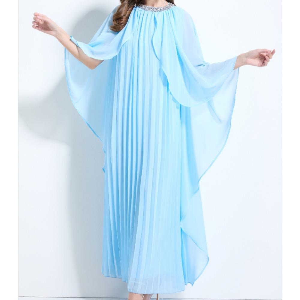 Elegante vestido largo plisado de gasa con cuello redondo, cordones y mangas estilo capa vintage para mujer, ropa de calle de moda