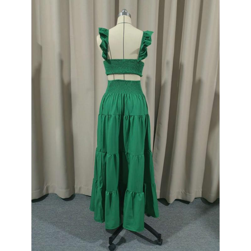 Women's 2 Piece Outfit Set Sexy Solid Color Ruffle Sleeve Crop Top High Waist Tiered Flowy Maxi Skirt Elegant Vacation Beach Wear Suit