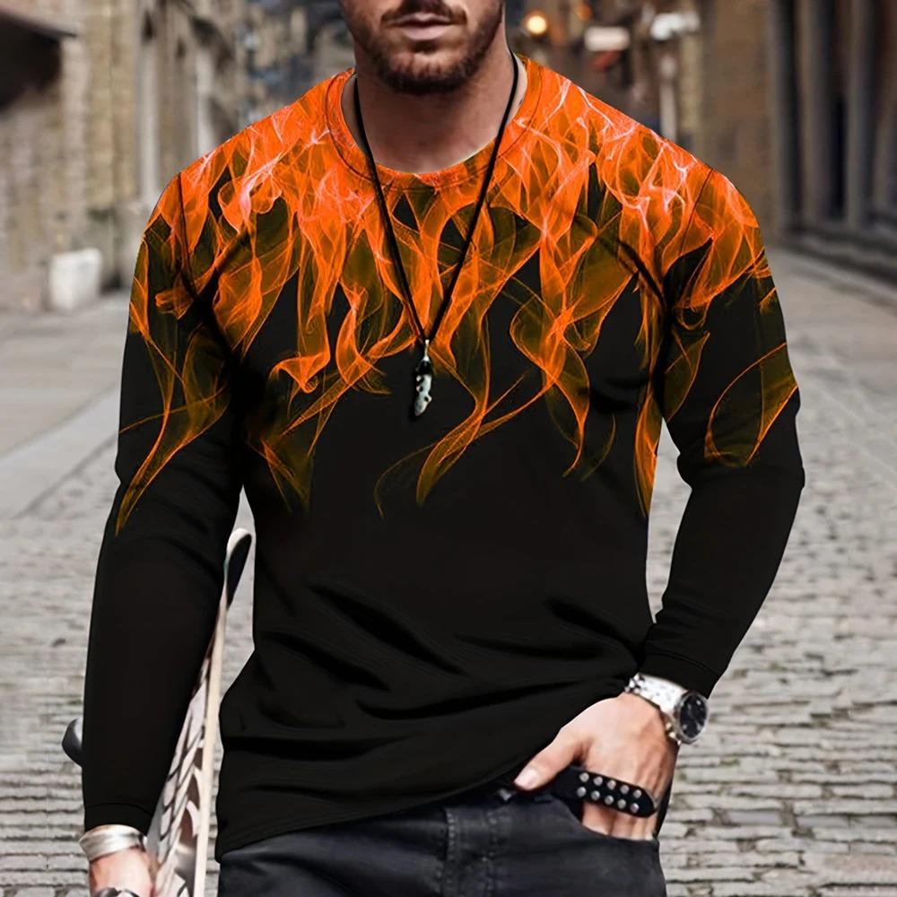 Flame Fall 3D-gedrucktes Herren Retro Street Rundhals Langarm-T-Shirt