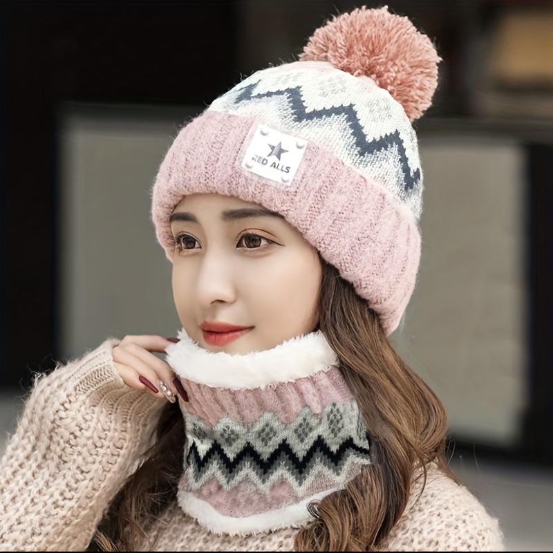 2pcs Winter Women'S Winter Hat and Scarf Set - Star Decoration Pink and White Striped Hat Soft Fleece, Elastic Stretch Fit, Comfortable Fleece Lining