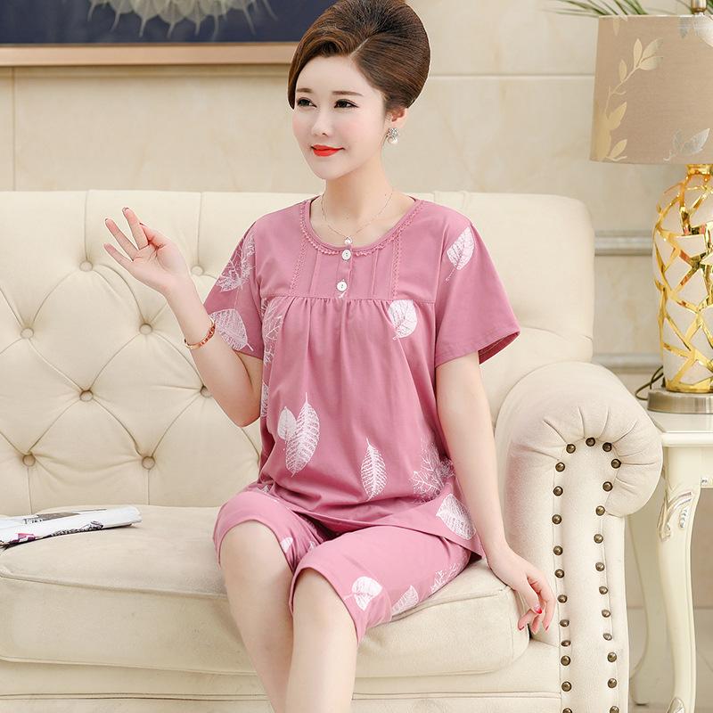 Women's Summer Clothing Sets Middle-aged and Elderly Loose Short-sleeved Blouse + Seven-piece Pants Home Two-piece Set
