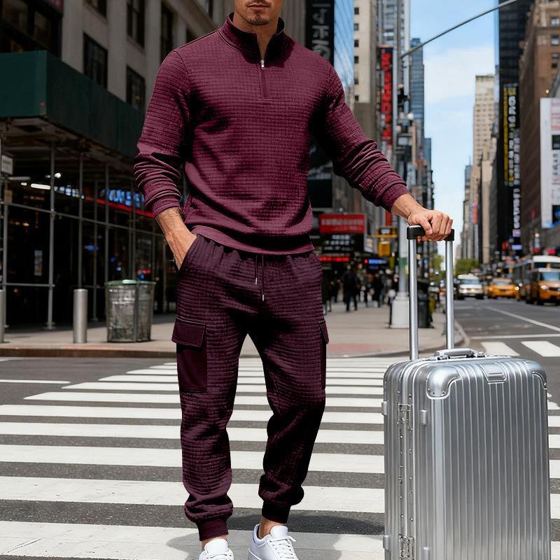 Men's Textured Half-Zip Tracksuit 2-Piece Set Casual Cargo Jogger Outfit