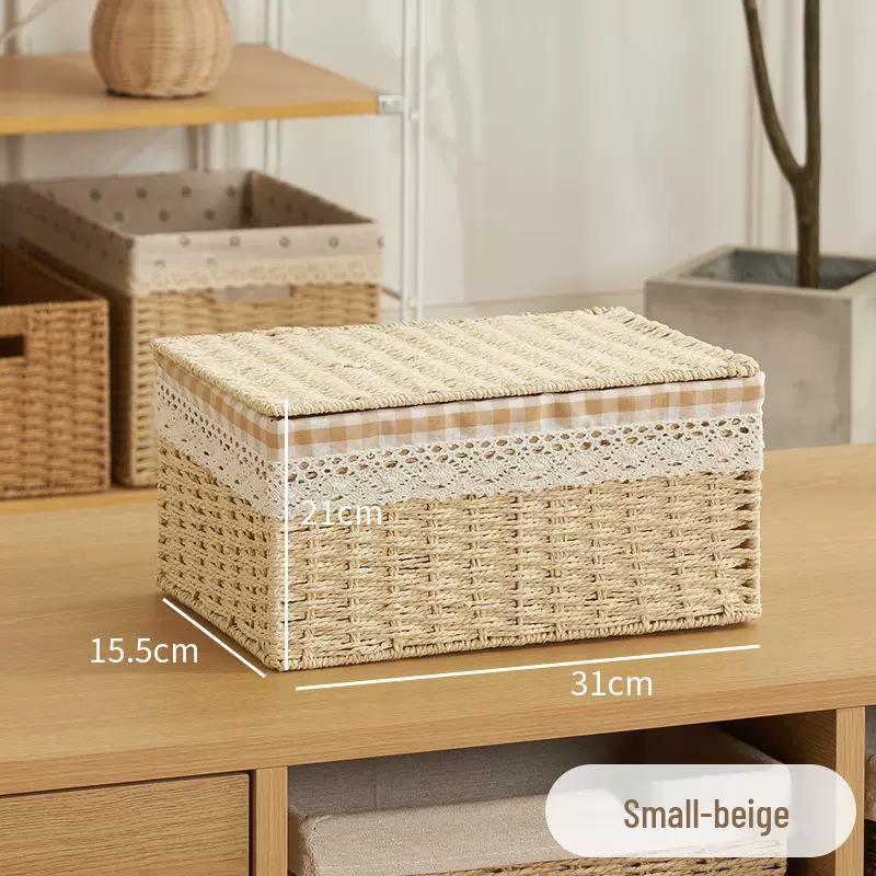 Rattan Woven Storage Basket with Lid - Cosmetics Organizer & Snack Box