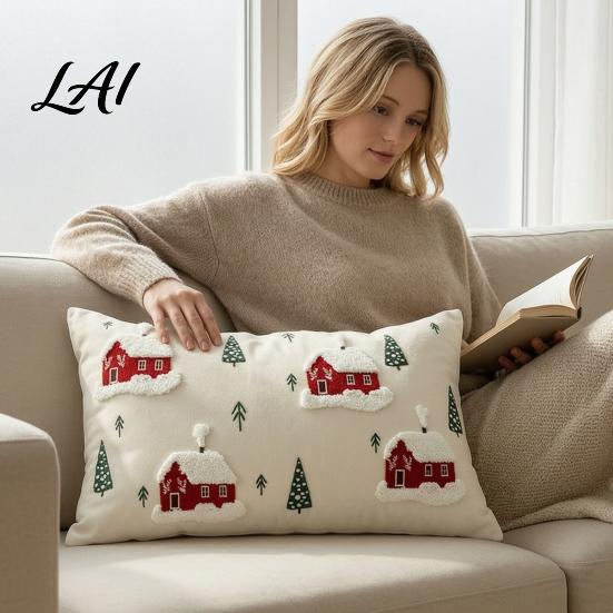 Festive Cushion Covers Christmas Cottage Cover Red Snowy House Pillowcase Decorative Cover Throw Pillow Case for Sofa Couch Farmhouse Home