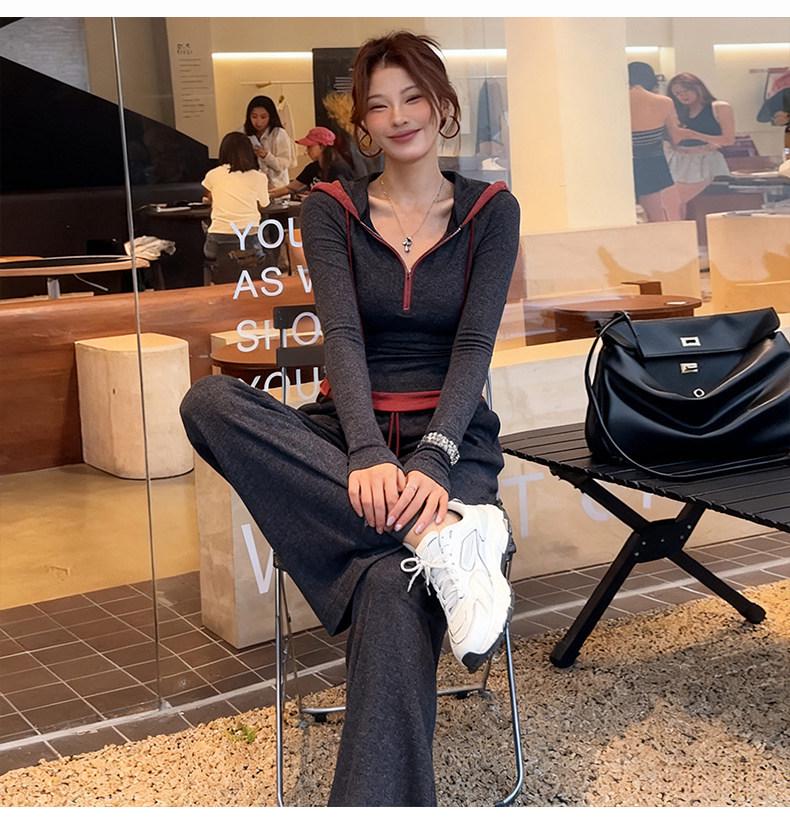 Hong Kong Retro Casual Women's Two-Piece Set: Long Sleeve Hooded Sweatshirt & High Waist Wide-Leg Pants for Spring 2026