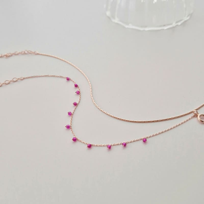 VOYONN Silver Double-Line Bracelet Rose Gold Setting Bead Pink 0007