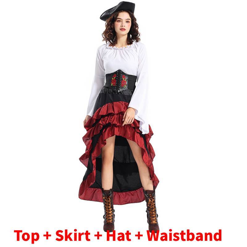 Game Themed Pirate Queen Costume With Ruffled Long Dress For Cosplay Enthusiasts