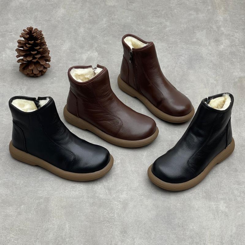 Johnature Genuine Leather Cotton Boots Handmade Retro Flat Round Toe Soft Cowhide Wool Women's Short Boots