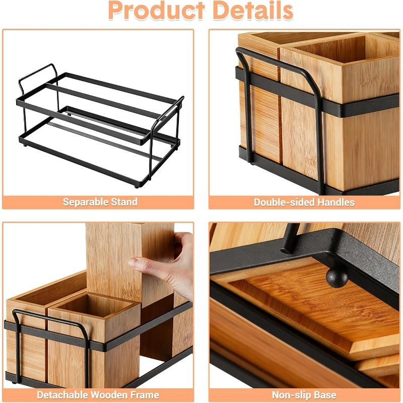 Bamboo Utensil Holder for Party, Wooden Flatware Caddy with 4 Removable Sections, Silverware Organizer with Metal Tray for Kitchen Picnic