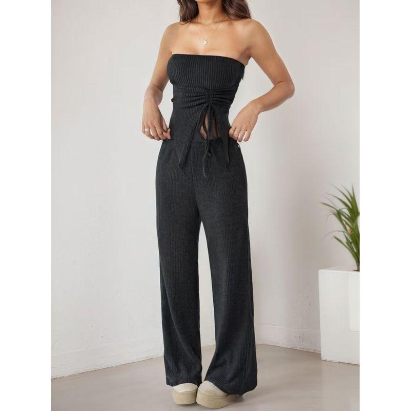 

Европейский и американский новый сексуальный комплект с запахом и разрезом, топ без бретелек и брюки Black XXL