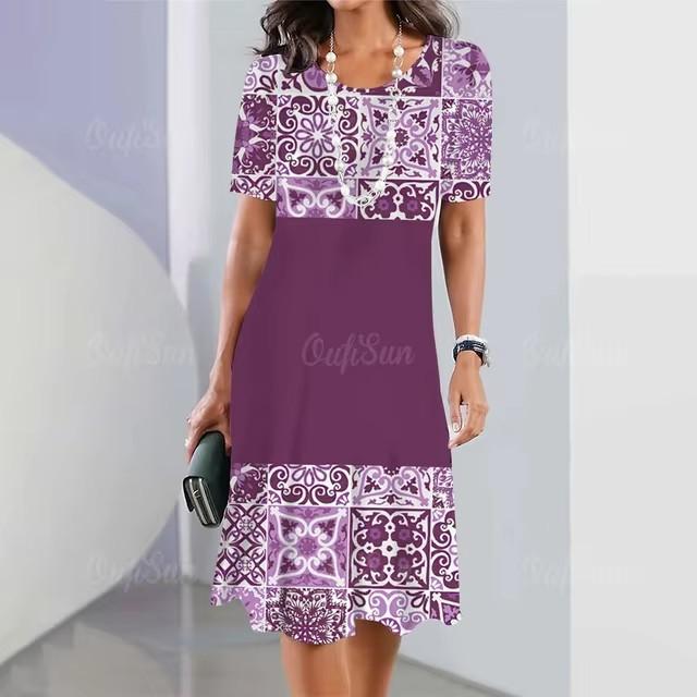Elegante Abito Midi da Donna a Maniche Corte Moda Stampa 3D Taglie Forti Abbigliamento da Spiaggia