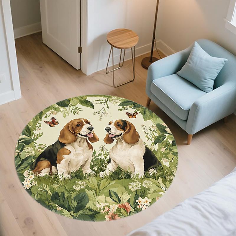 Basset Hound and grass pattern round rug,Carpet Rug for Living Room Bedroom  Playroom ,Non-slip Floor Mat,Holiday Gifts and Birthday Gifts.