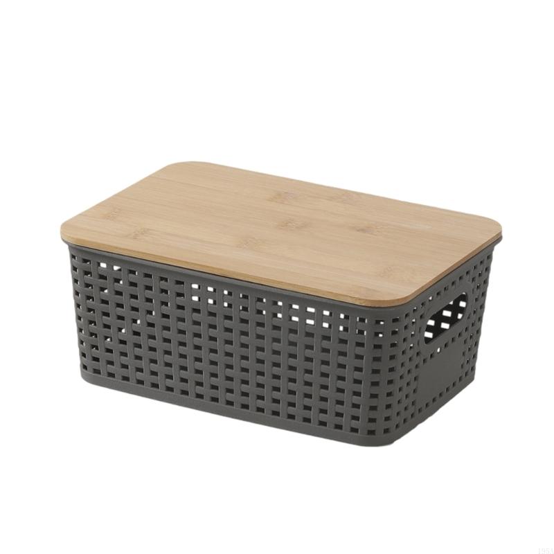 Stackable Storage Basket With Bamboos Lid Ventilated Plastic Handwoven Designs for Home Organization Toy Books