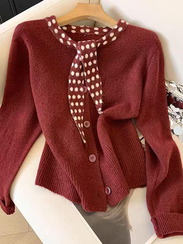 2026 Autumn/Winter Women's Versatile Round Neck Bow Knit Cardigan - Fashionable Long Sleeve Design