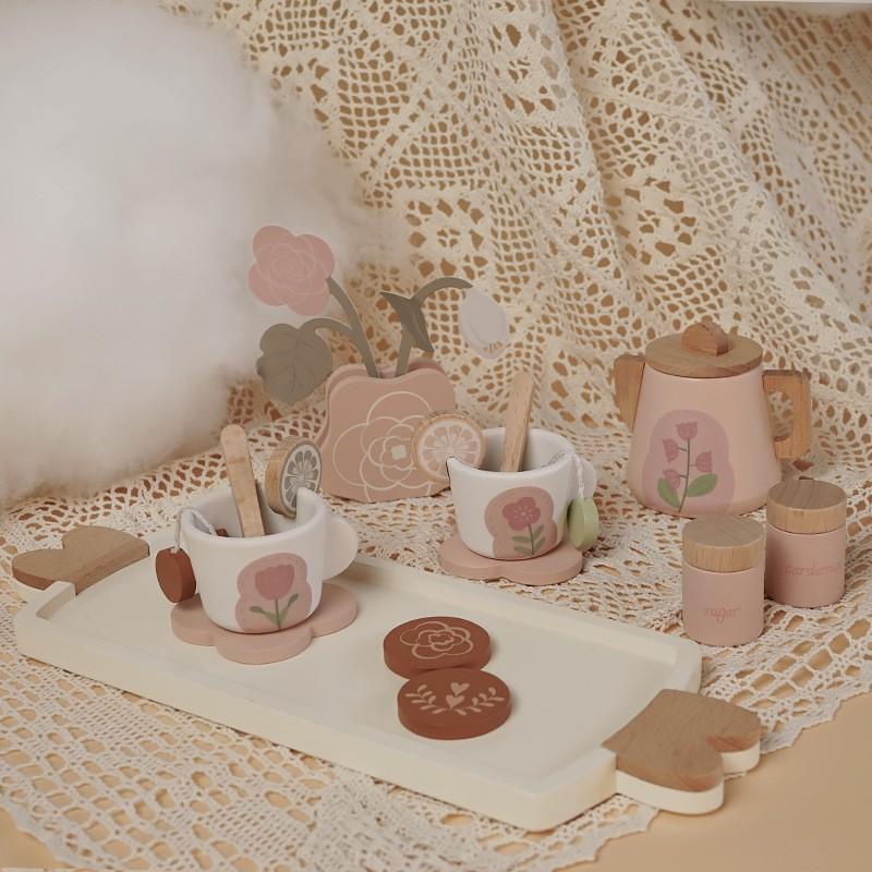 Children's play house tea set afternoon tea dessert simulation teapot tableware cup set toy wooden wooden