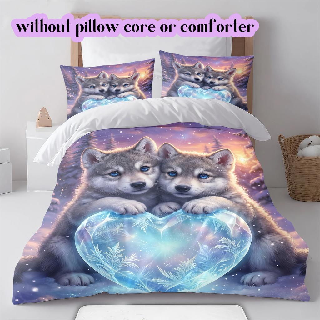 Two animals and lovePattern Bedding Quilt Set Quilt Cover Pillowcase Home Decoration Birthday Gift (1 * duvet cover + 2 * pillowcase, without core)
