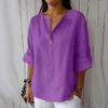 Damen V-Ausschnitt Dreiviertelarm Pullover Bluse Baumwolle Leinen Lockere Passform Lässiges Oberteil für den Sommer Ohne Farbangabe