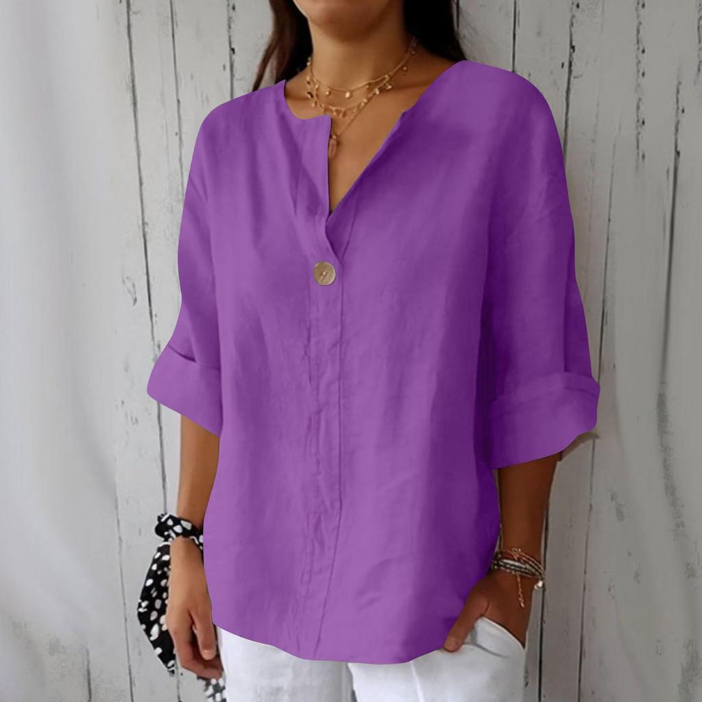 Damen V-Ausschnitt Dreiviertelarm Pullover Bluse Baumwolle Leinen Lockere Passform Lässiges Oberteil für den Sommer Ohne Farbangabe