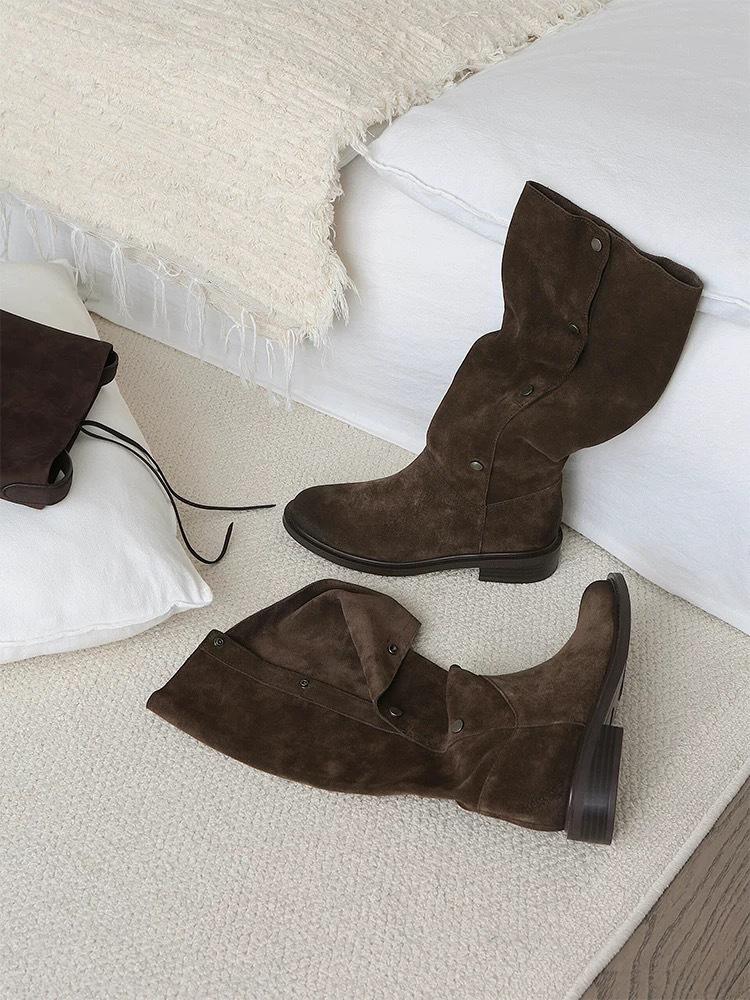 Cowhide version thin pleated piled boots women's boots thick heel retro two wear western boots suede versatile knight boots