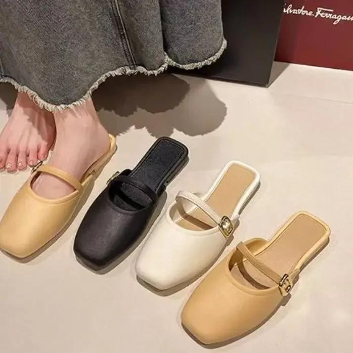 Fashion French Head Half Slippers Women Wear 2025 Spring Summer New Shallow Mouth All Soft Leather Mueller Shoes Beach Single Shoes
