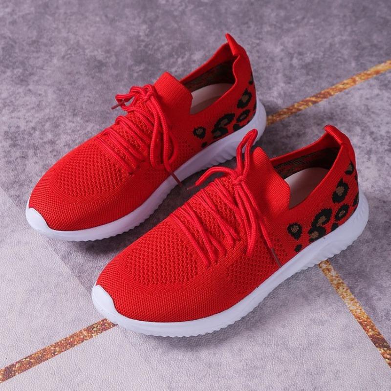 Women's casual sports shoes New leopard print round head lace-up flat bottom comfortable mesh women's shoes