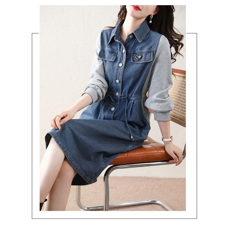 Youthful Denim Dress for Women Spring Flattering Loose Fit Cover Belly Slimming Elegant Long Dress
