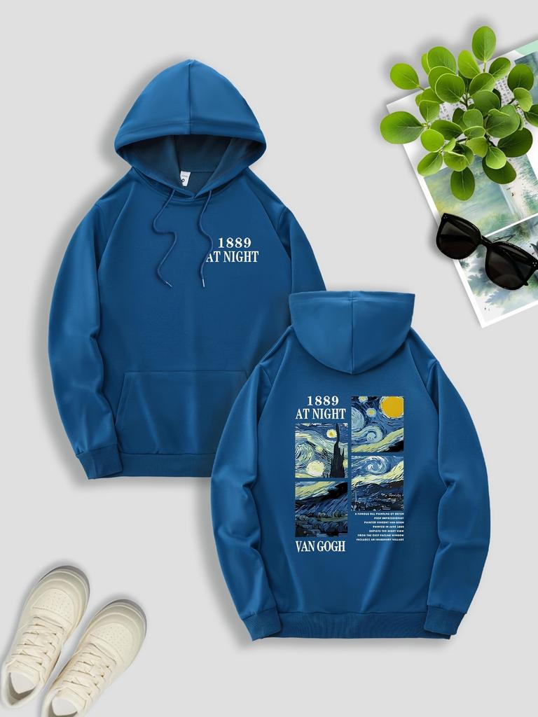 Men'S Double Sided 1889 At Night Starry Sky Print Hoodie with Kangaroo Pocket Drawstring Casual Streetwear for Fall Winter,