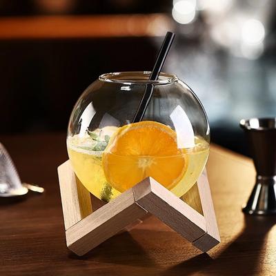 Verre à cocktail avec support en bois, verrerie de bar créative, tasse à boisson, tasse à cocktail ronde, verre à smoothie, jus de fruits et de lune