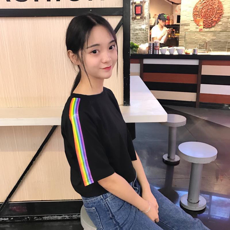 New Summer Korean Version Loose High Waist Short-sleeved T-shirt for Female Students Printed Short Navel Top for Women