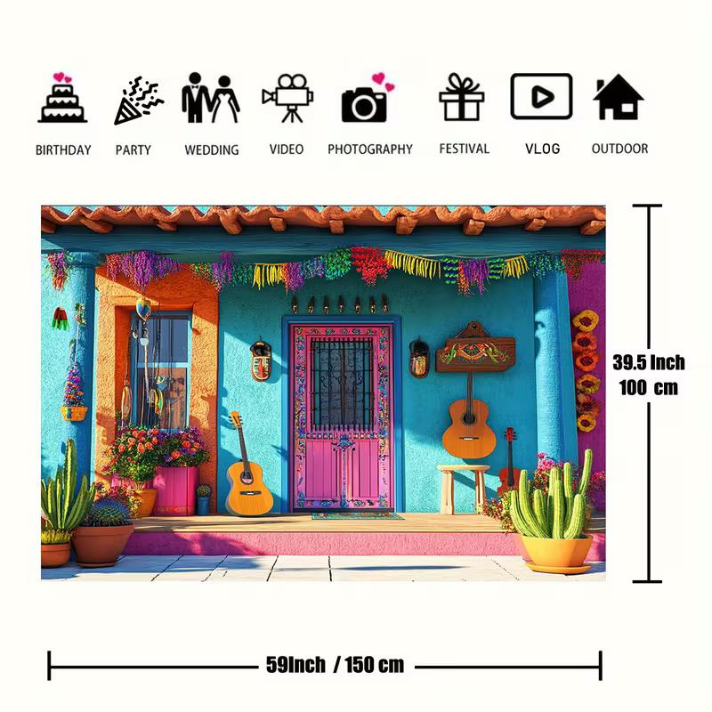 2D Mexican Fiesta Backdrop, Bright Blue Pink House Scene Background for Garage Door Decor