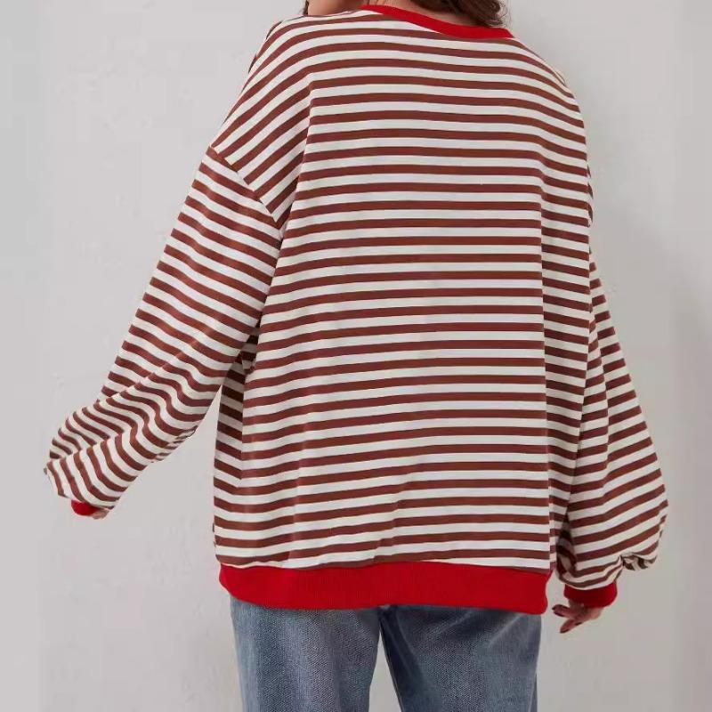 Simple Home Leisure New, Striped Pattern Round Neck Trend Long Sleeve, Pullover Color T-shirt