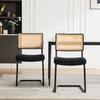 Modern Rattan Dining Chair with Black Metal Frame, Synthetic Cane Back & Chenille Seat Cushion for Kitchen, Living Room, Bedroom-Black
