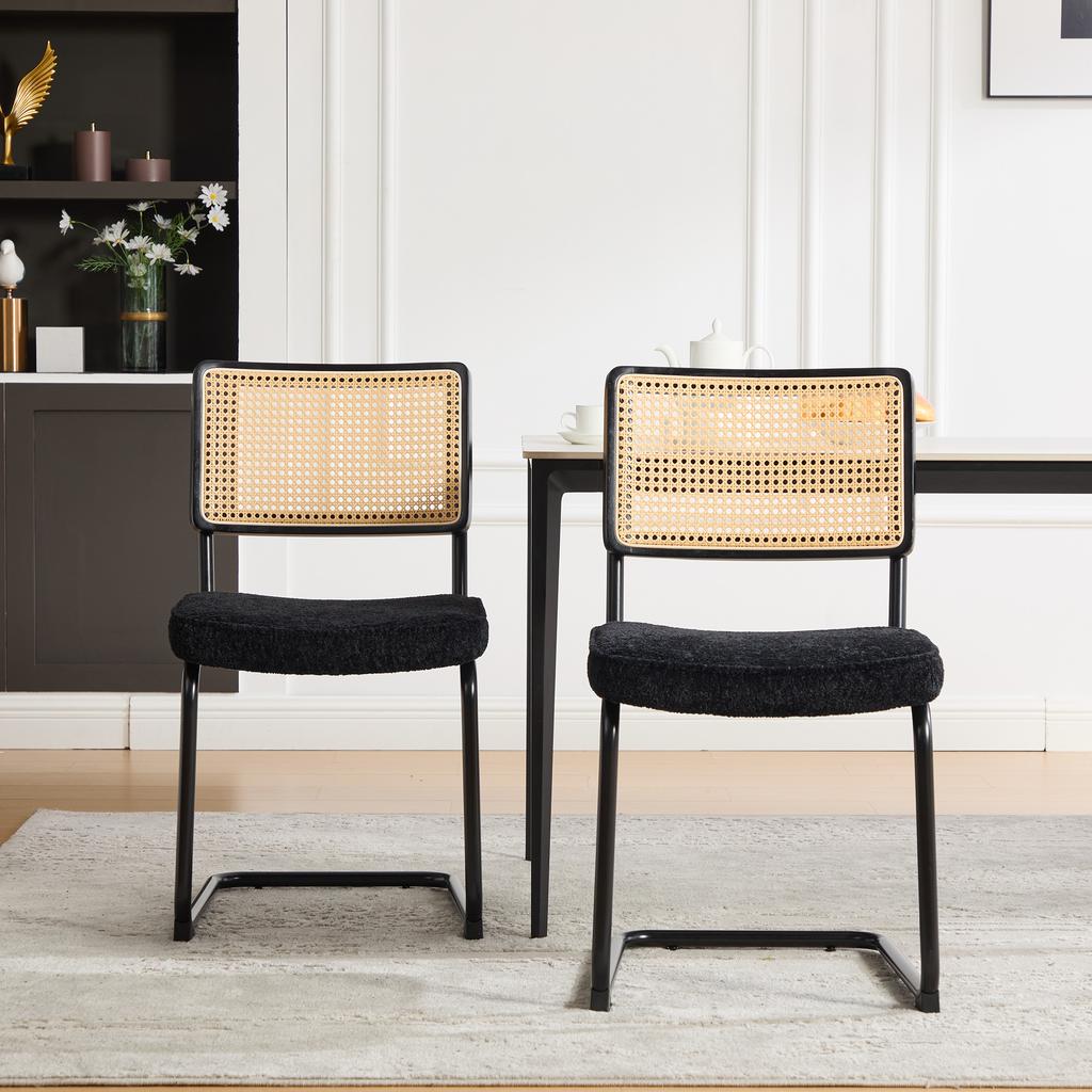 Modern Rattan Dining Chair with Black Metal Frame, Synthetic Cane Back & Chenille Seat Cushion for Kitchen, Living Room, Bedroom-Black