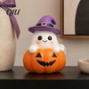 Holiday Home Accents Halloween Ghost Figurine, Cute Spooky On Pumpkin Decoration, Resin Small Ornament for Garden Tabletop with Witch Hat Desk