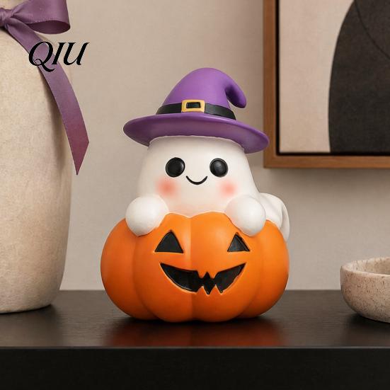 Holiday Home Accents Halloween Ghost Figurine, Cute Spooky On Pumpkin Decoration, Resin Small Ornament for Garden Tabletop with Witch Hat Desk